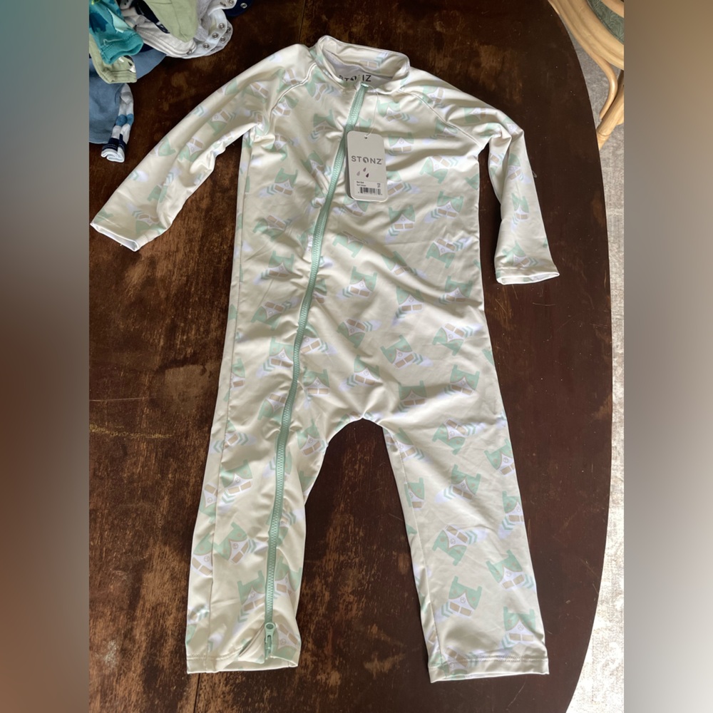 Stonz Toddler wetsuit/swim suit with Mint and Cream beach van pattern